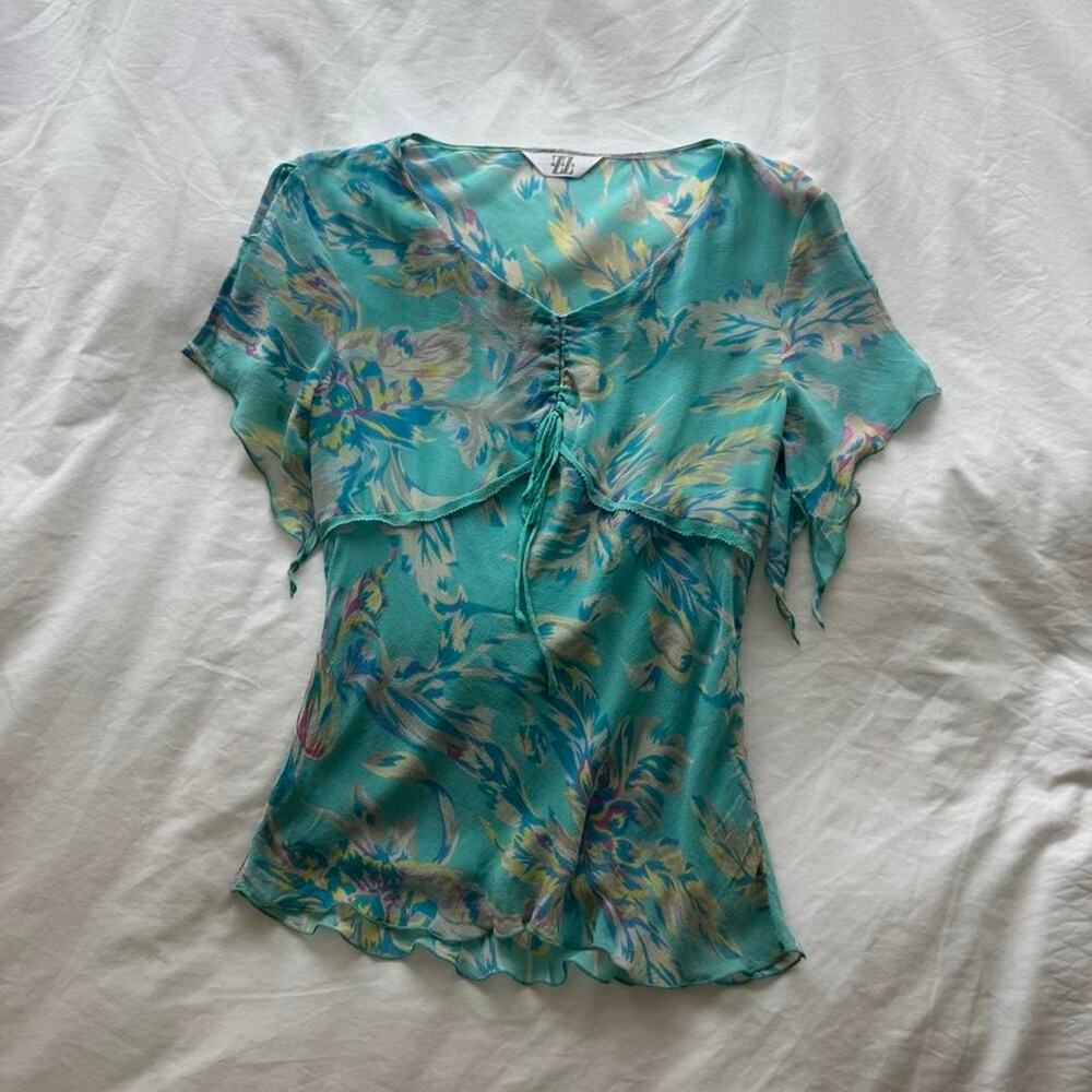 Y2k teal floral blouse with tie